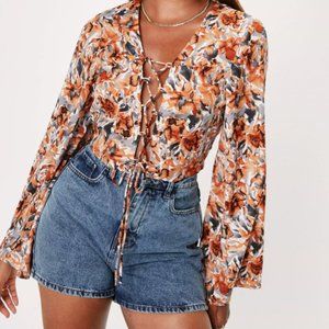 Floral Print Lace Up Long Sleeve Blouse